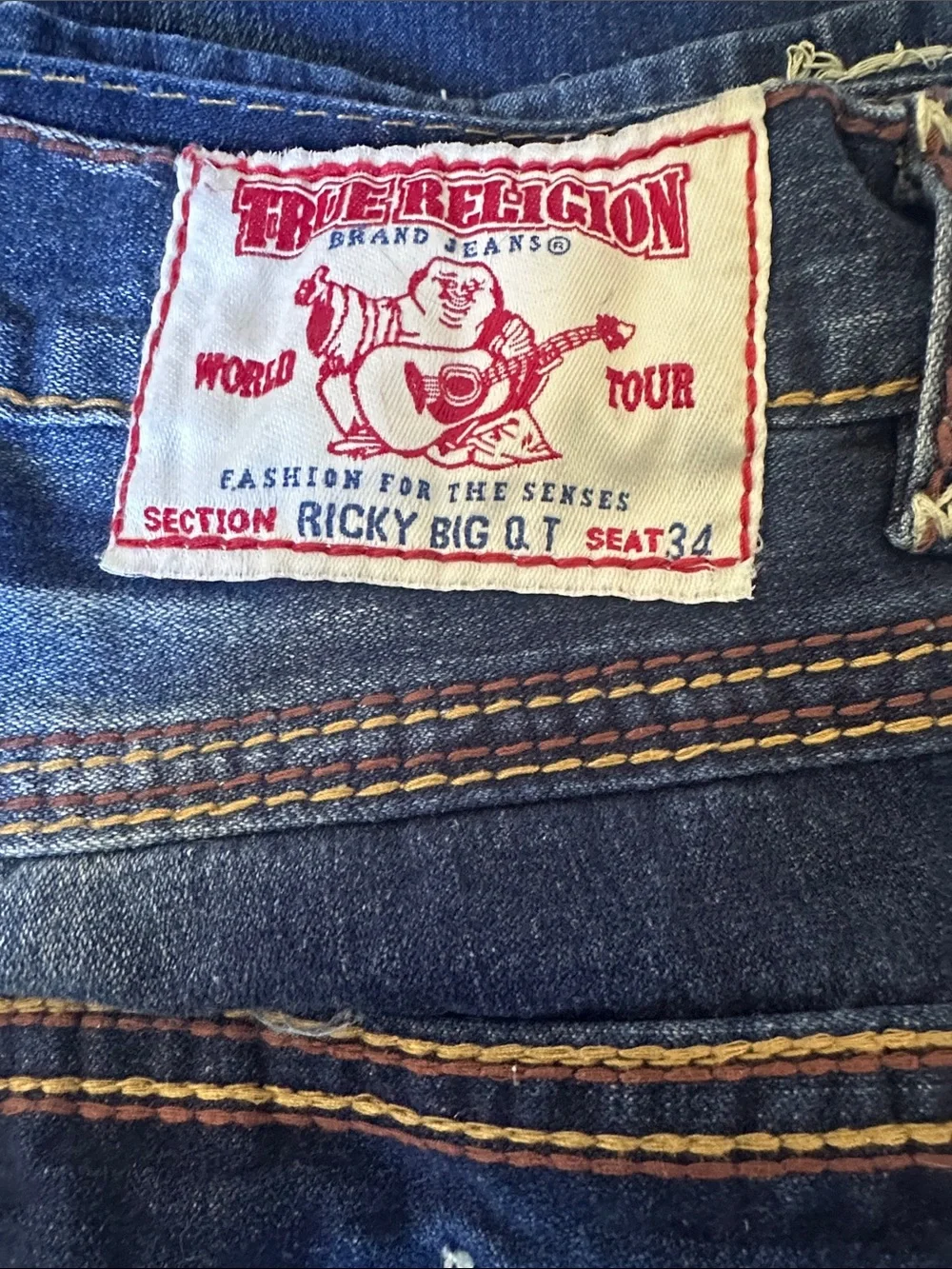 True Religion Ricky Big QT Contrast Stitching Men’s Blue Jeans Size 36x34
